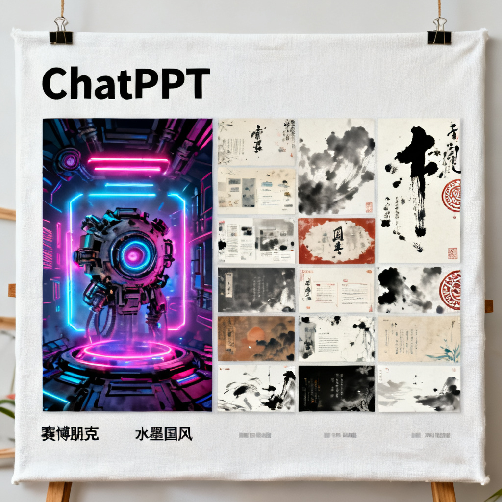 创意画布上的无限可能，展示ChatPPT生成的各种风格页面，从赛博朋克到水墨国风，强调视觉多样性