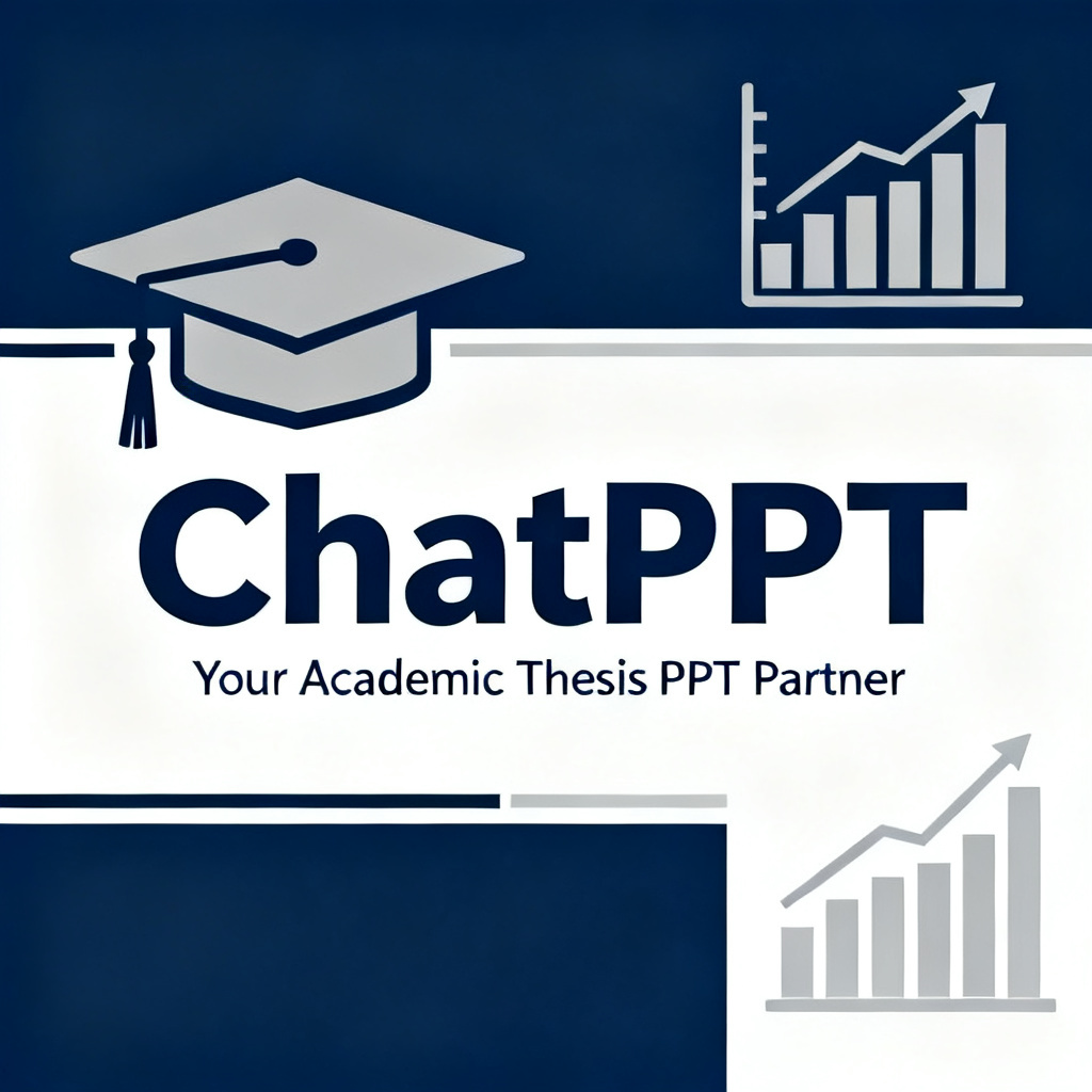A clean, professional logo of ChatPPT with the tagline 'Your Academic Thesis PPT Partner' on a background of graduation caps and data charts.