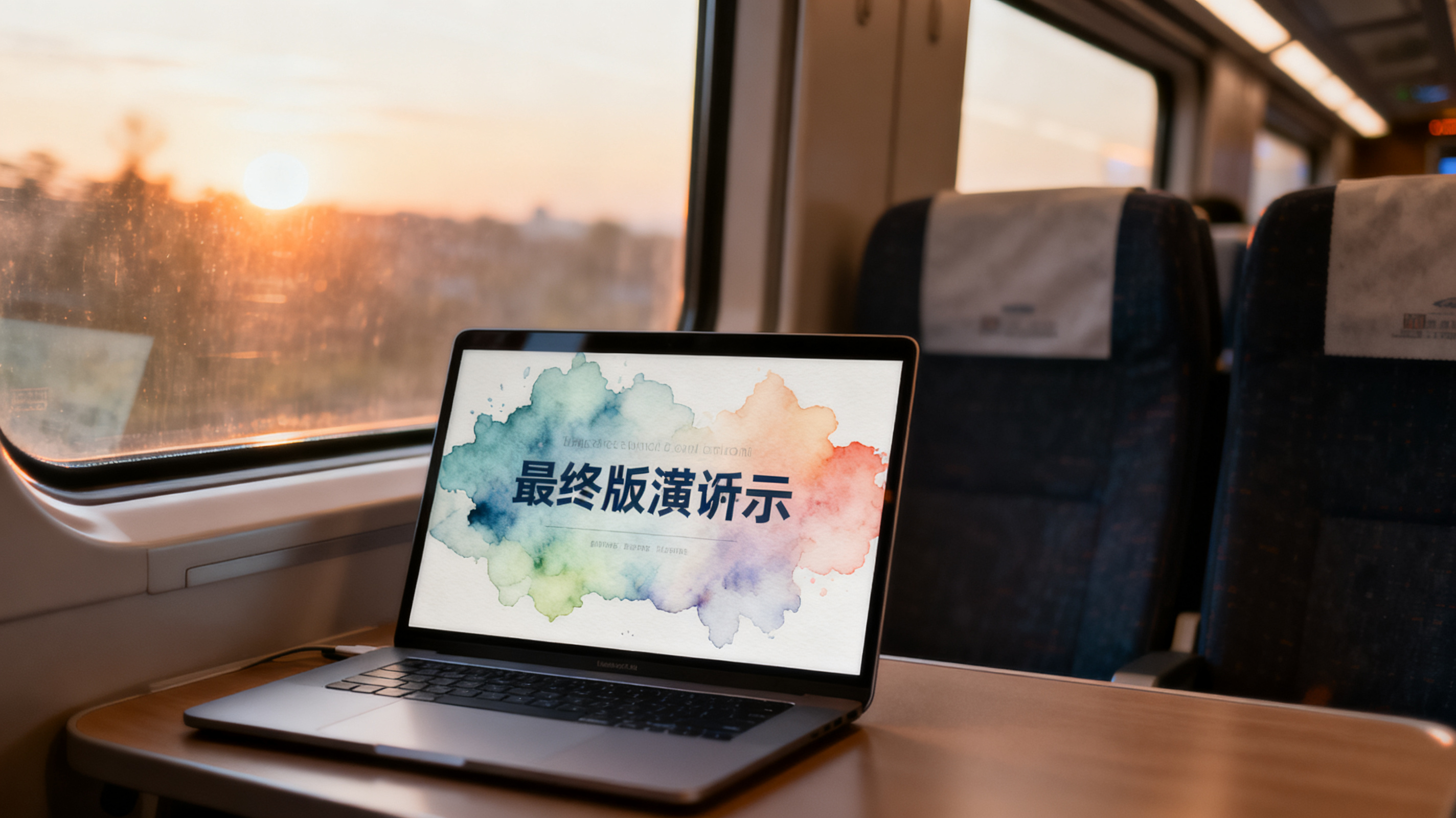 高铁车厢内笔记本屏幕显示最终版演示文稿，窗外晨光透入，页面呈现水彩风格主视觉，整体氛围从容笃定，纪实摄影风格，浅景深