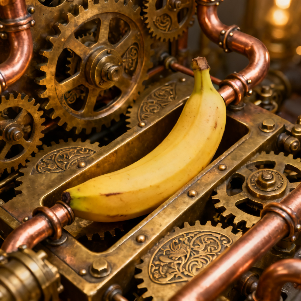 A steampunk-inspired banana-powered machine, with intricate brass gears and copper pipes.