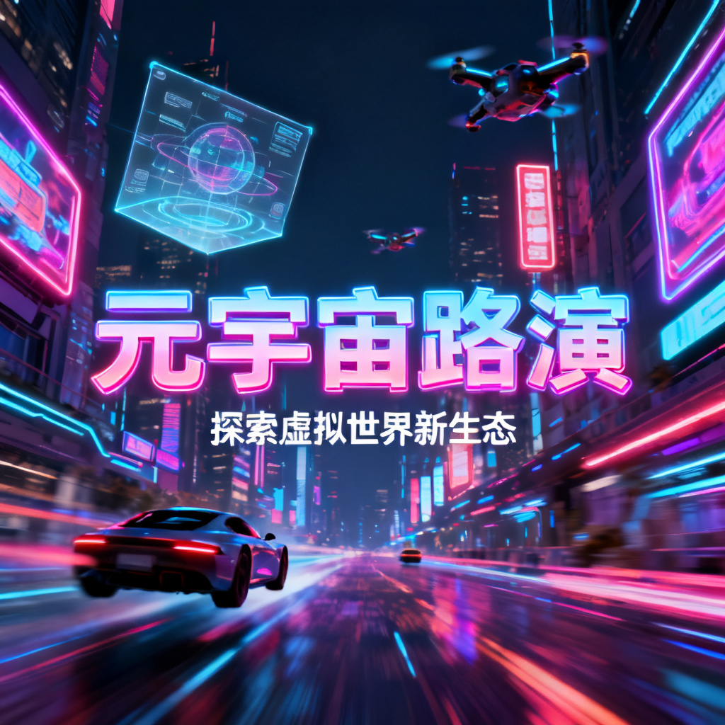 赛博朋克风格的元宇宙路演PPT封面，霓虹灯色彩，未来城市背景，动态光影