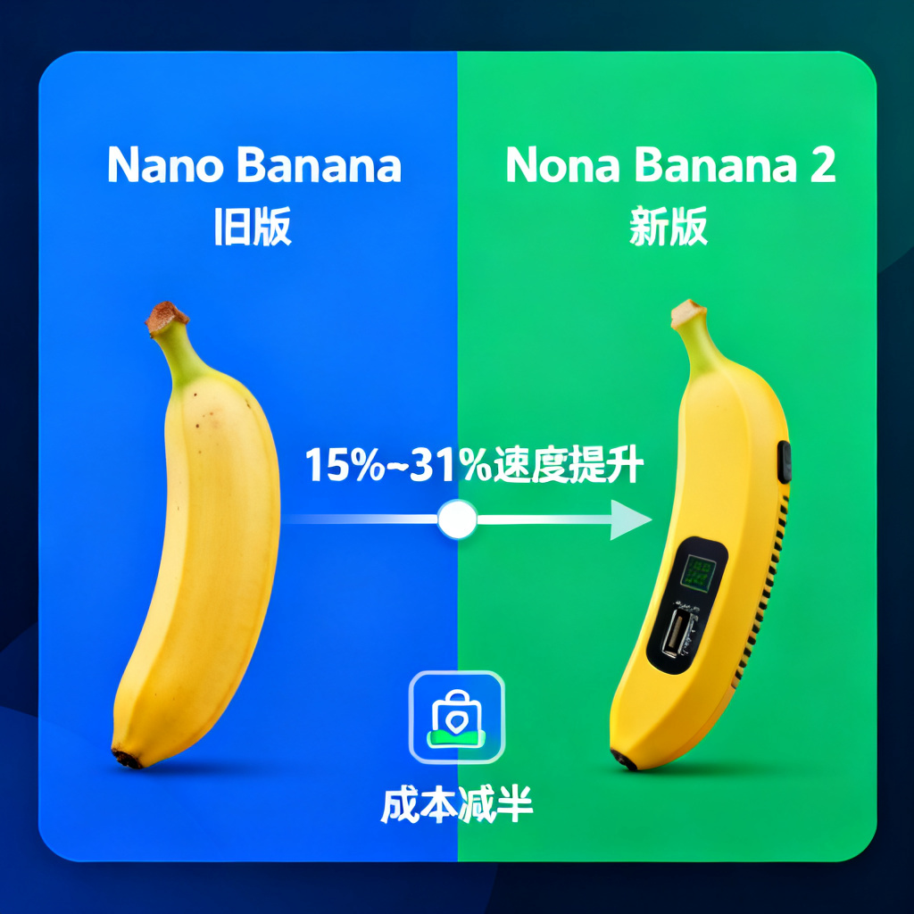 对比图展示Nano Banana 2与前代的速度差异,左侧为旧版,右侧为新版,时间轴显示15%~31%提升,成本减半图标