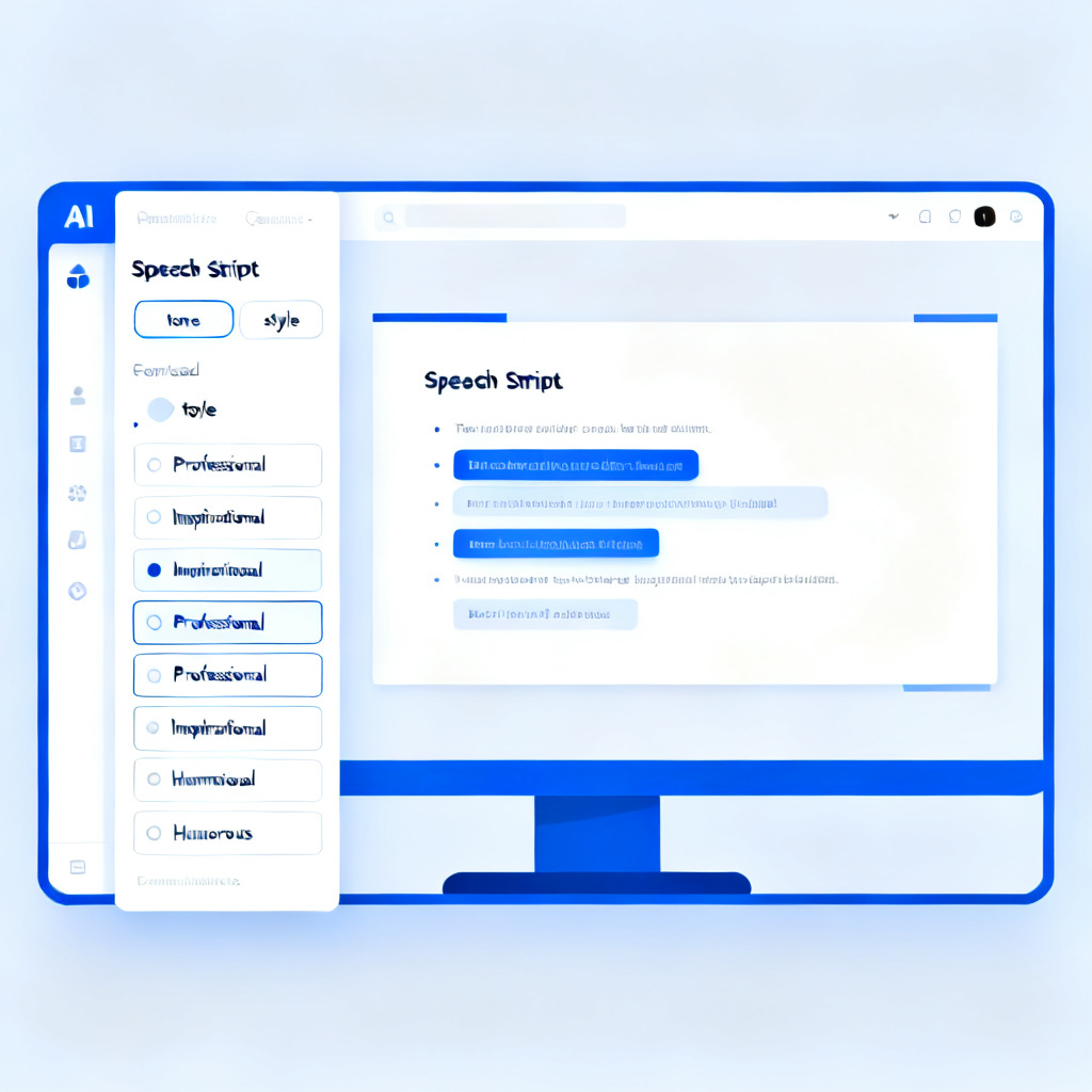 A clean, modern UI of an AI presentation tool showing a side panel with a structured speech script generated for each slide, with options to select 'tone' and 'style' (e.g., 'Professional', 'Inspirational', 'Humorous'). The main screen shows a slide with highlighted key points. Style: flat design, clean lines, tech blue and white color scheme.