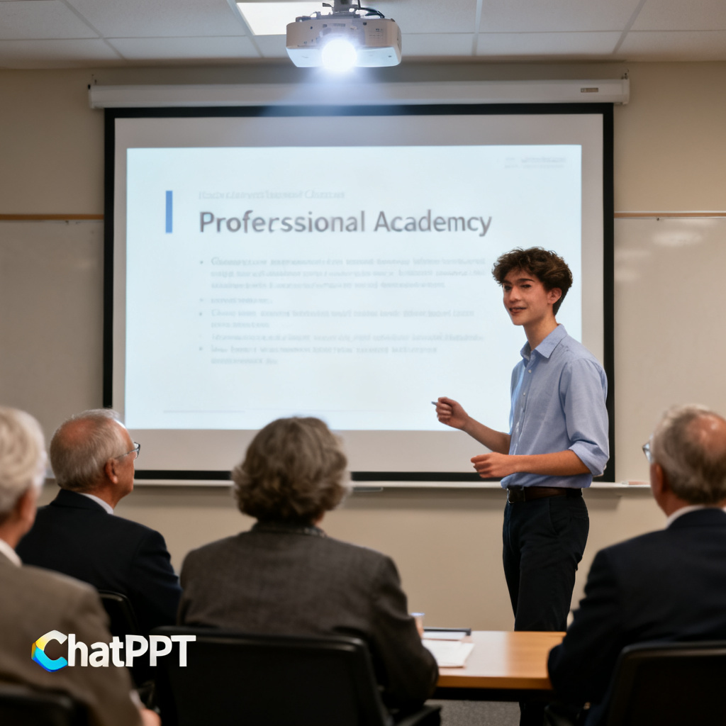 A confident student standing in front of a projector screen, presenting a clean, professional academic slide to a panel of professors, with a subtle watermark of ChatPPT logo in the corner