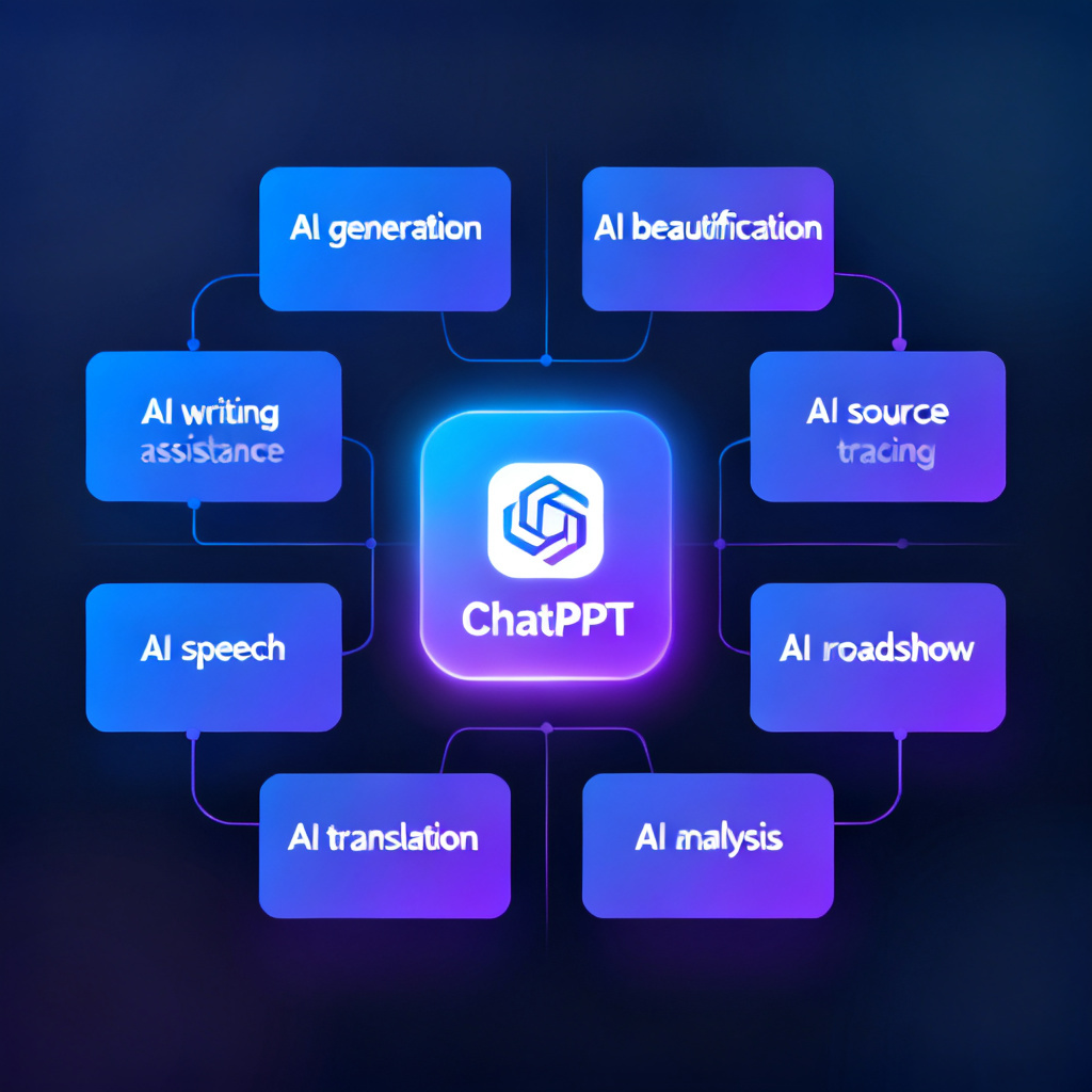 An infographic showing eight interconnected modules labeled in Chinese: AI generation, AI beautification, AI writing assistance, AI source tracing, AI speech, AI roadshow, etc., with a central glowing icon representing ChatPPT, modern flat design, gradient colors, high resolution.
