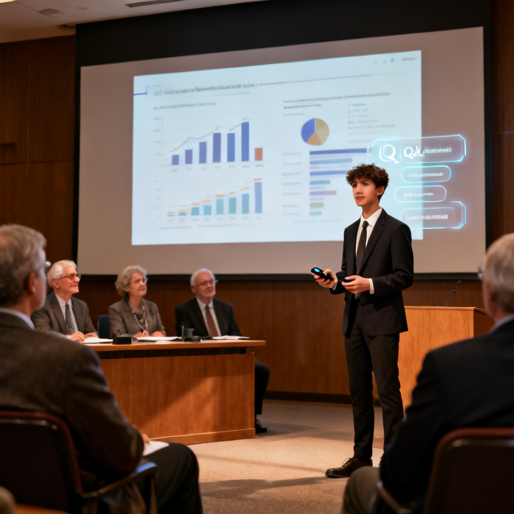 A graduation defense scene with a student confidently presenting in front of a panel of professors, a large screen displaying a data-driven slide with charts and graphs, the student holding a remote clicker, and a subtle overlay showing AI-generated Q&A suggestions floating near the screen