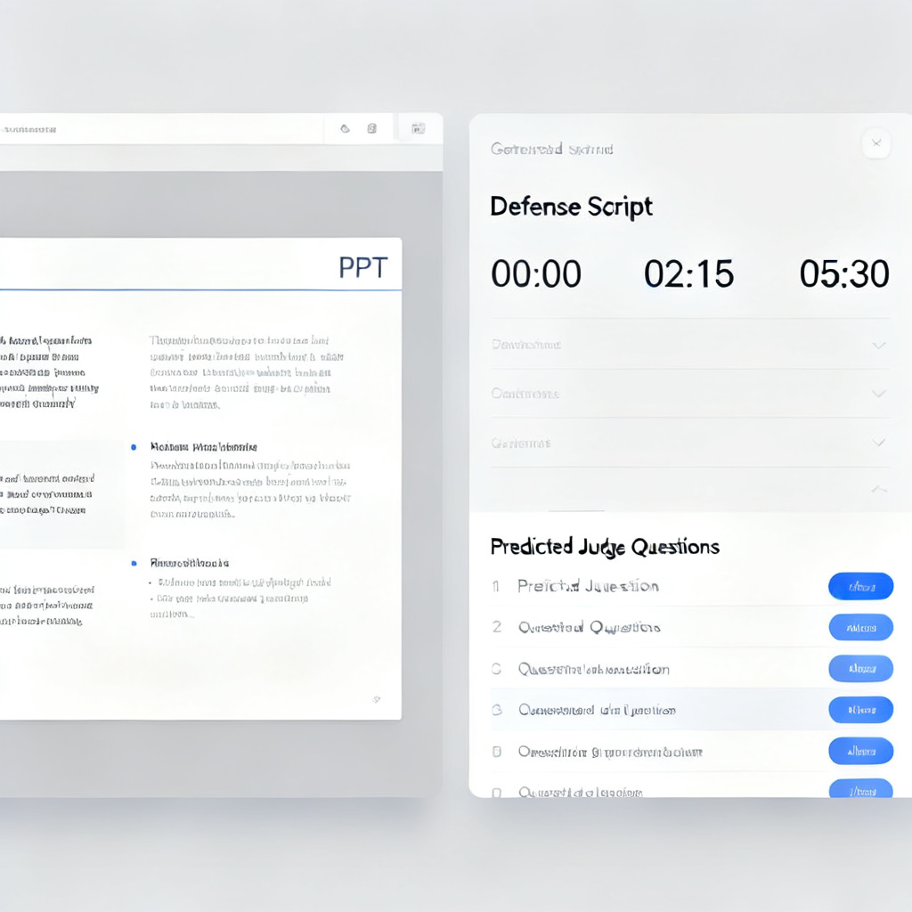 A conceptual interface showing a PPT slide on the left, a generated defense script on the right with time stamps, and a list of "Predicted Judge Questions" below with answer buttons. The design is clean, professional, with a focus on efficiency and preparedness.