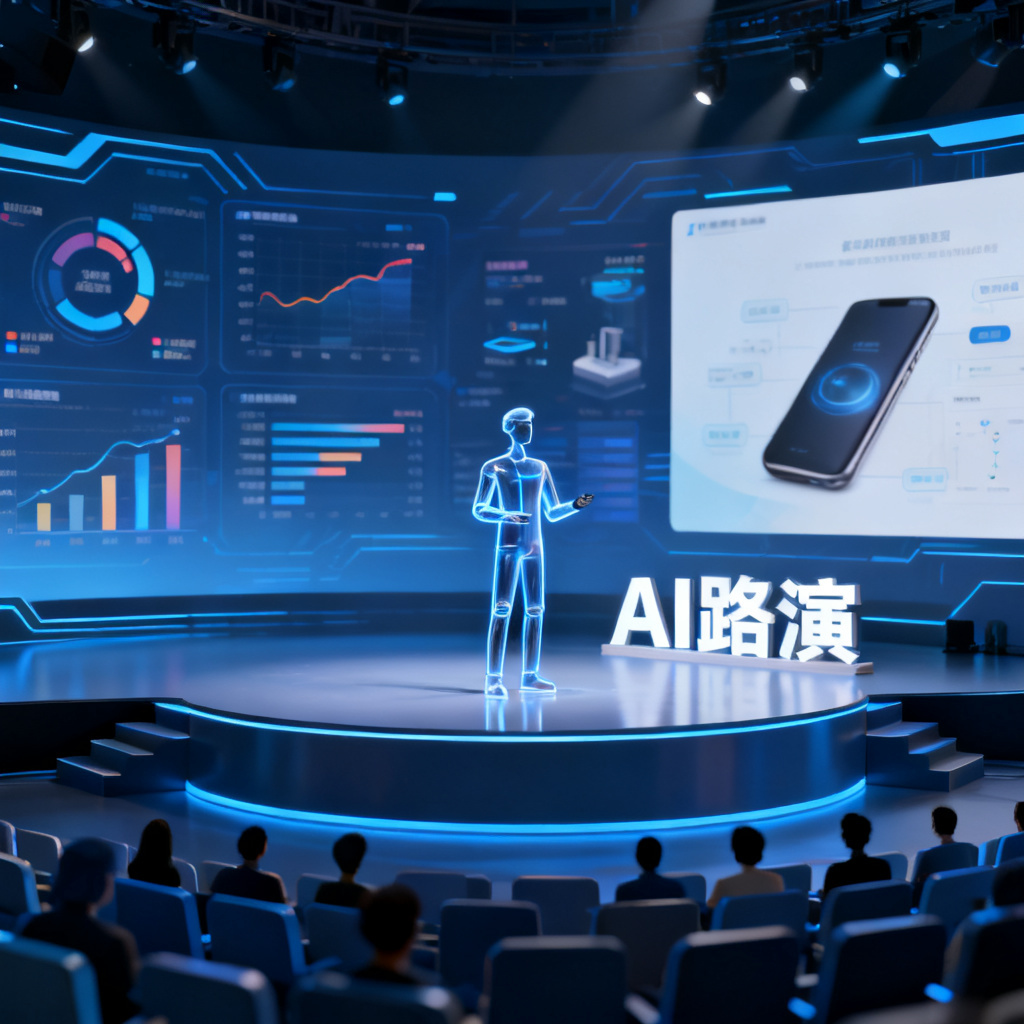 一个数字人形象在虚拟舞台上进行路演,背景是动态的数据图表和产品演示,舞台下方是虚拟观众席,数字人旁边有“AI路演”字样,整体风格科幻且专业
