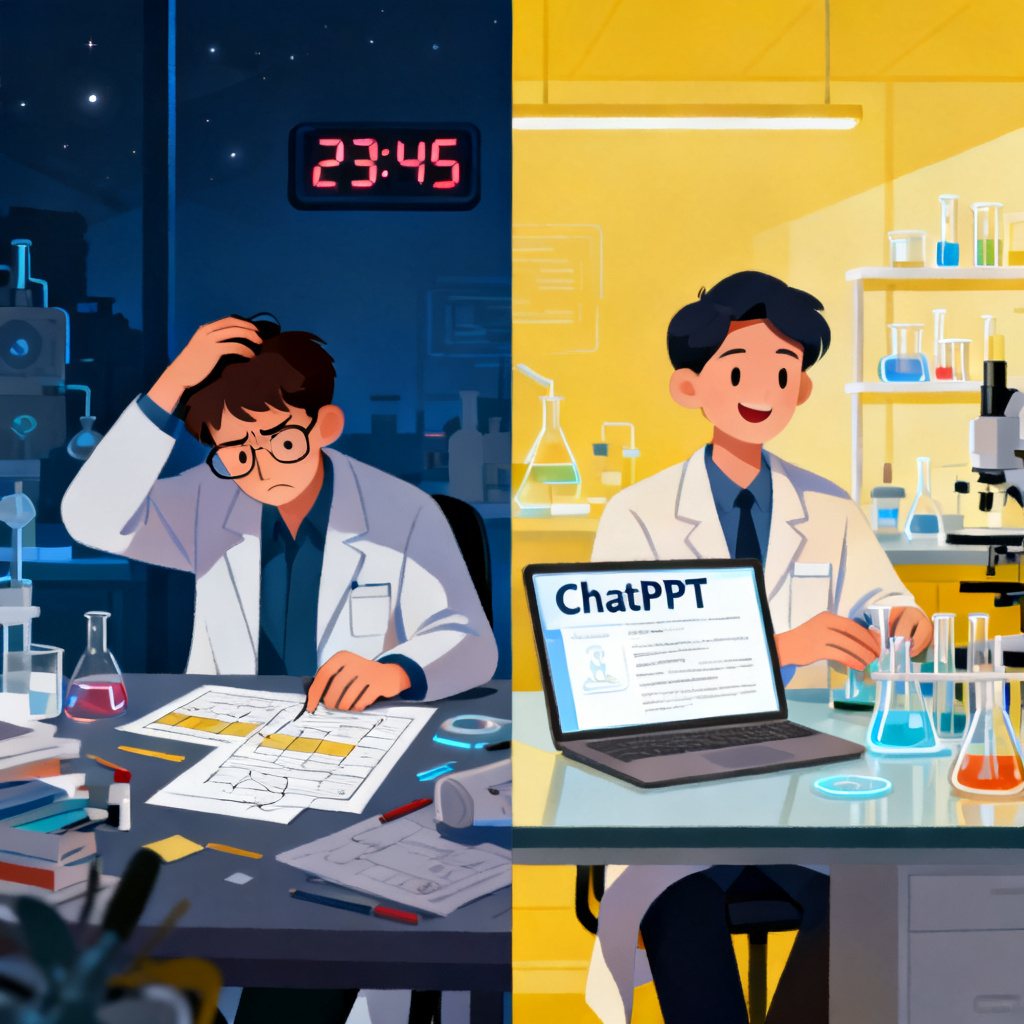 对比场景：左侧是一位科研人员焦头烂额地手动制作PPT，背景是时钟显示深夜；右侧是另一位科研人员使用ChatPPT后，轻松完成PPT，节省下的时间用于实验室研究，画面明亮、高效