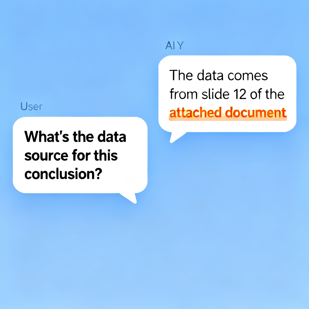A user asking a question via chat interface, with an AI response highlighting the exact slide number source in a document.