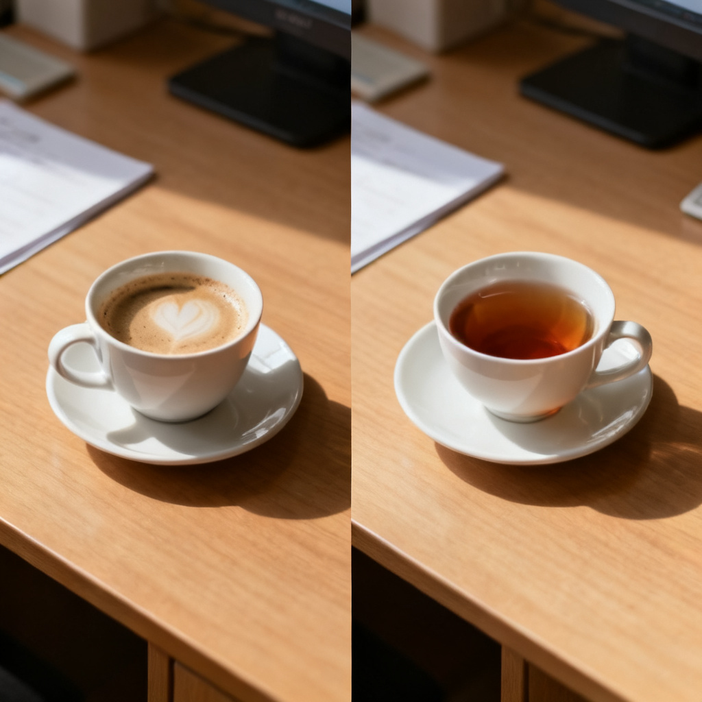 Split-screen comparison: left side shows a slide with a cup of coffee on a desk, right side shows the same slide with the coffee replaced by a cup of tea, maintaining identical lighting, shadows, and art style