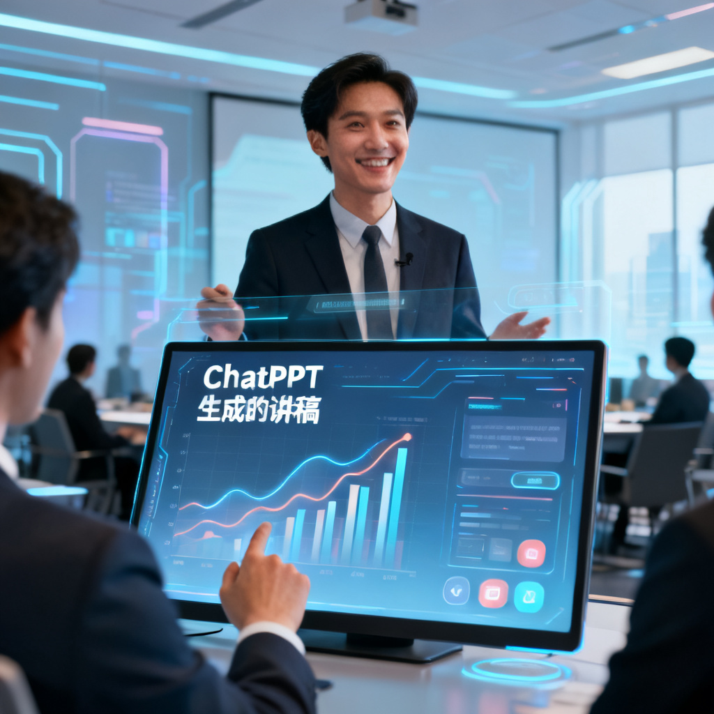 一位职场人士在演讲者视图中演练，屏幕上显示ChatPPT生成的讲稿，表情自信，背景是虚拟的会议室场景，光线柔和，突出数字交互界面