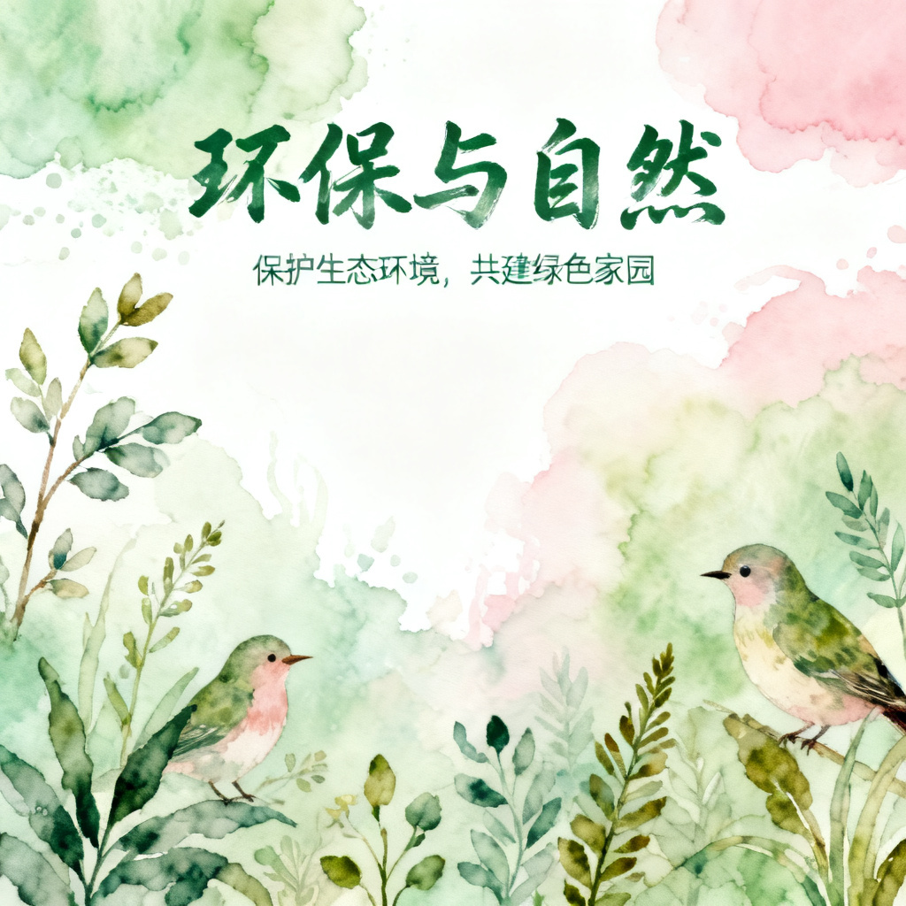 梦幻水彩风格演示文稿，柔和的水彩晕染效果，主题是环保与自然，有手绘植物和动物图案