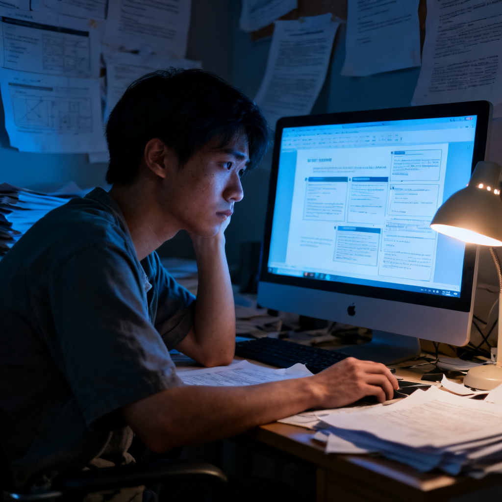 一位疲惫的硕博生深夜在电脑前修改论文PPT，屏幕上显示杂乱的幻灯片，背景是散落的文献，色调灰暗，写实风格，电影级光影
