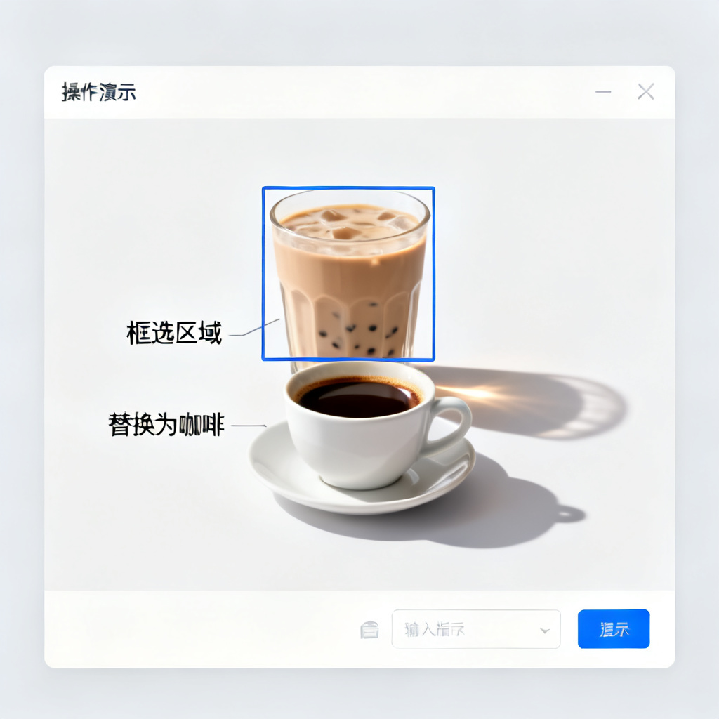Magic涂画操作演示,用户框选页面中的一杯奶茶,输入指令后替换为一杯咖啡,并保持光影风格一致
