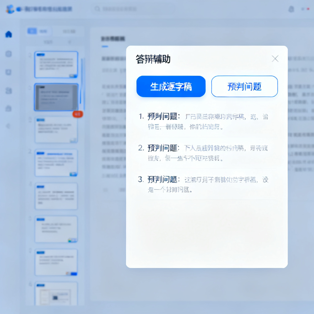 一个ChatPPT的软件界面截图，左侧显示幻灯片缩略图，右侧是“答辩辅助”面板，包含“生成逐字稿”和“预判问题”两个按钮，下方列出了3个预判问题的示例。