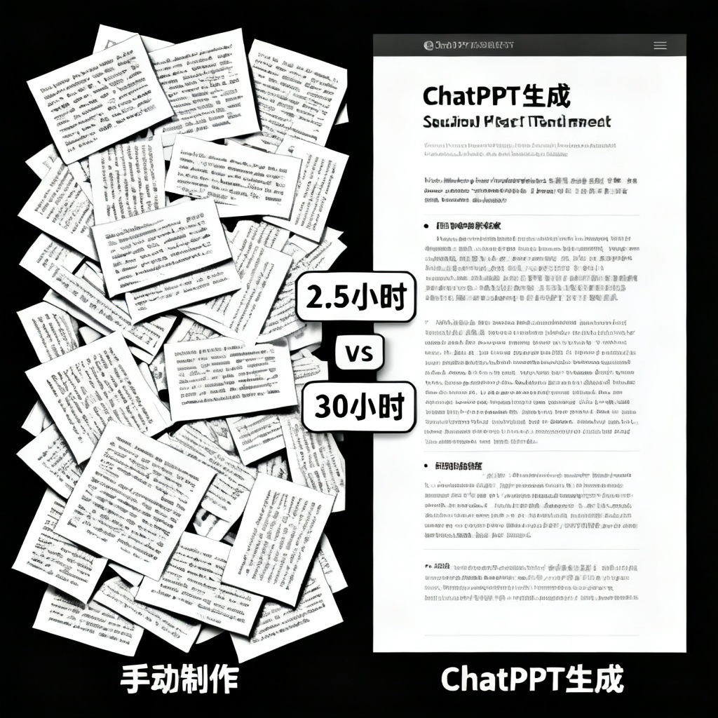 左右对比图，左侧为混乱的文字堆叠幻灯片（代表手动制作），右侧为结构清晰的学术风格幻灯片（代表ChatPPT生成），中间有“2.5小时 vs 30小时”时间对比标签