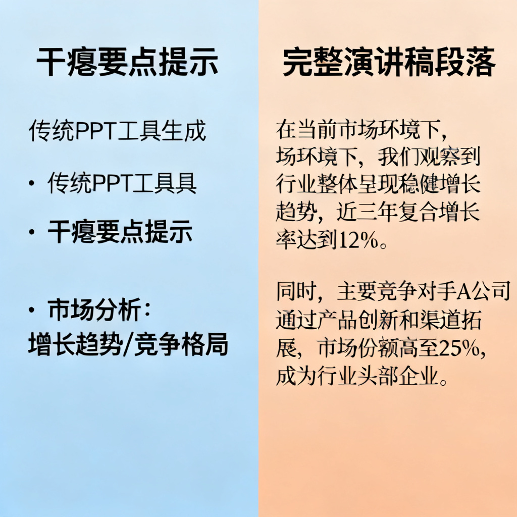 对比图：左侧是传统PPT工具生成的干瘪要点提示，右侧是ChatPPT生成的完整演讲稿段落