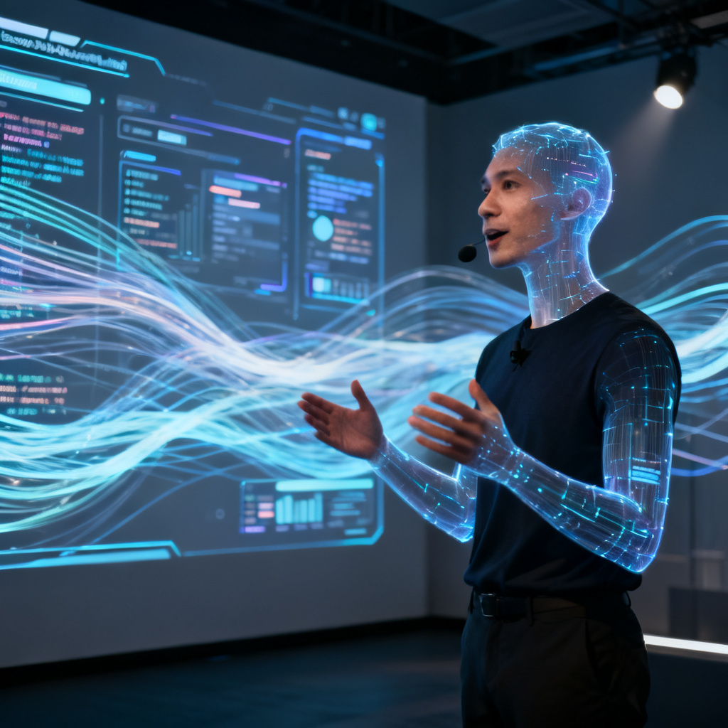 A futuristic smart presentation scene with a digital human avatar speaking in front of a holographic projection, surrounded by data streams and virtual interactive interfaces, high-tech atmosphere, cinematic lighting, 8k resolution, photorealistic style.