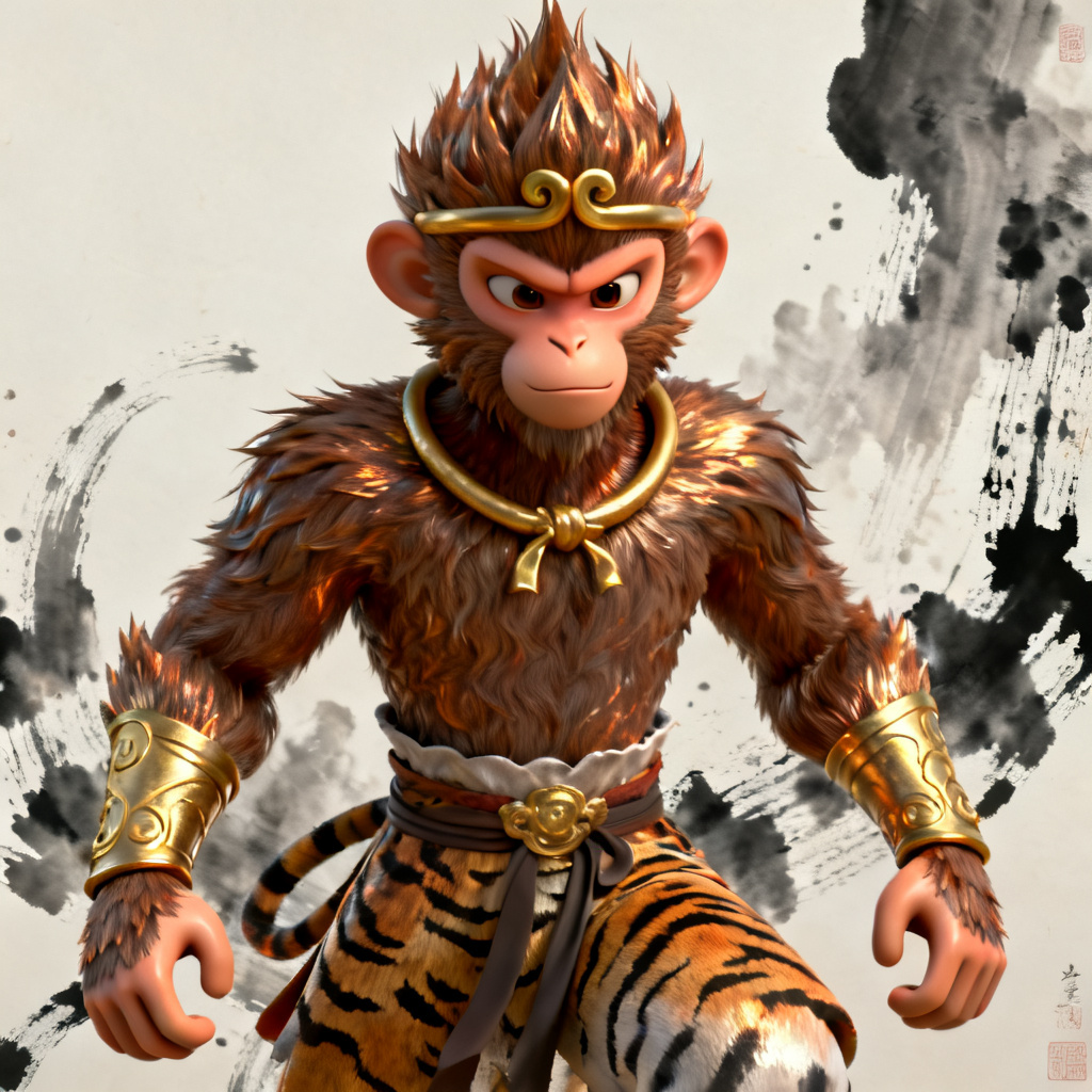 3D西游记风格的幻灯片，孙悟空形象，水墨与3D结合，动态光影，细节丰富