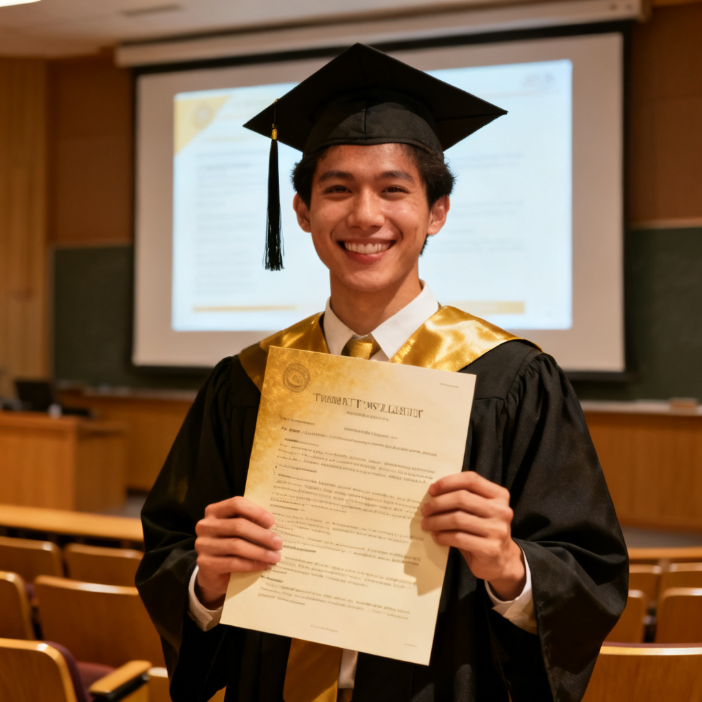 A happy graduate student holding a printed thesis presentation, standing in front of a lecture hall, smiling with confidence. The background shows a projection screen with a clear, professional slide. The lighting is bright and positive, conveying a sense of accomplishment. Style: realistic, warm, celebratory.
