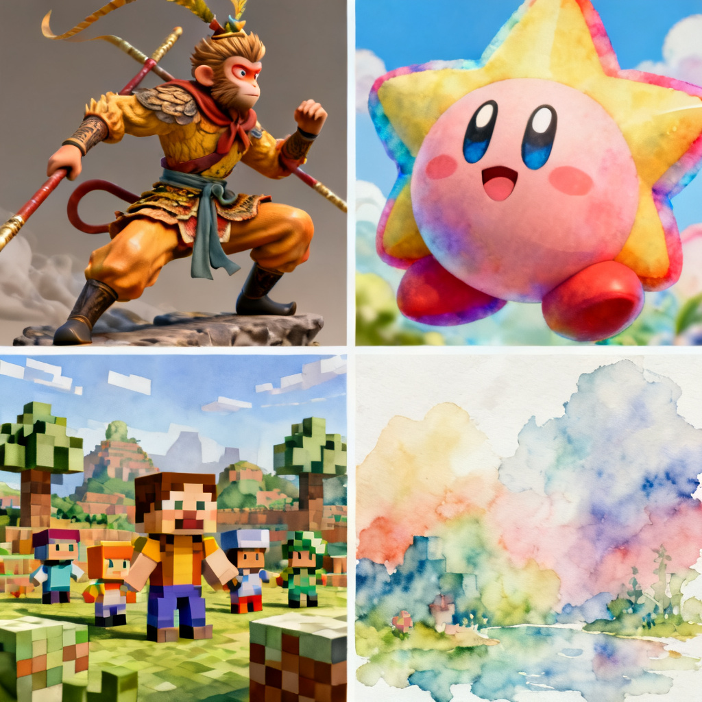 A grid of four slides in different artistic styles (3D Journey to the West, Star Kirby, Minecraft pixel, and watercolor) all generated by ChatPPT.