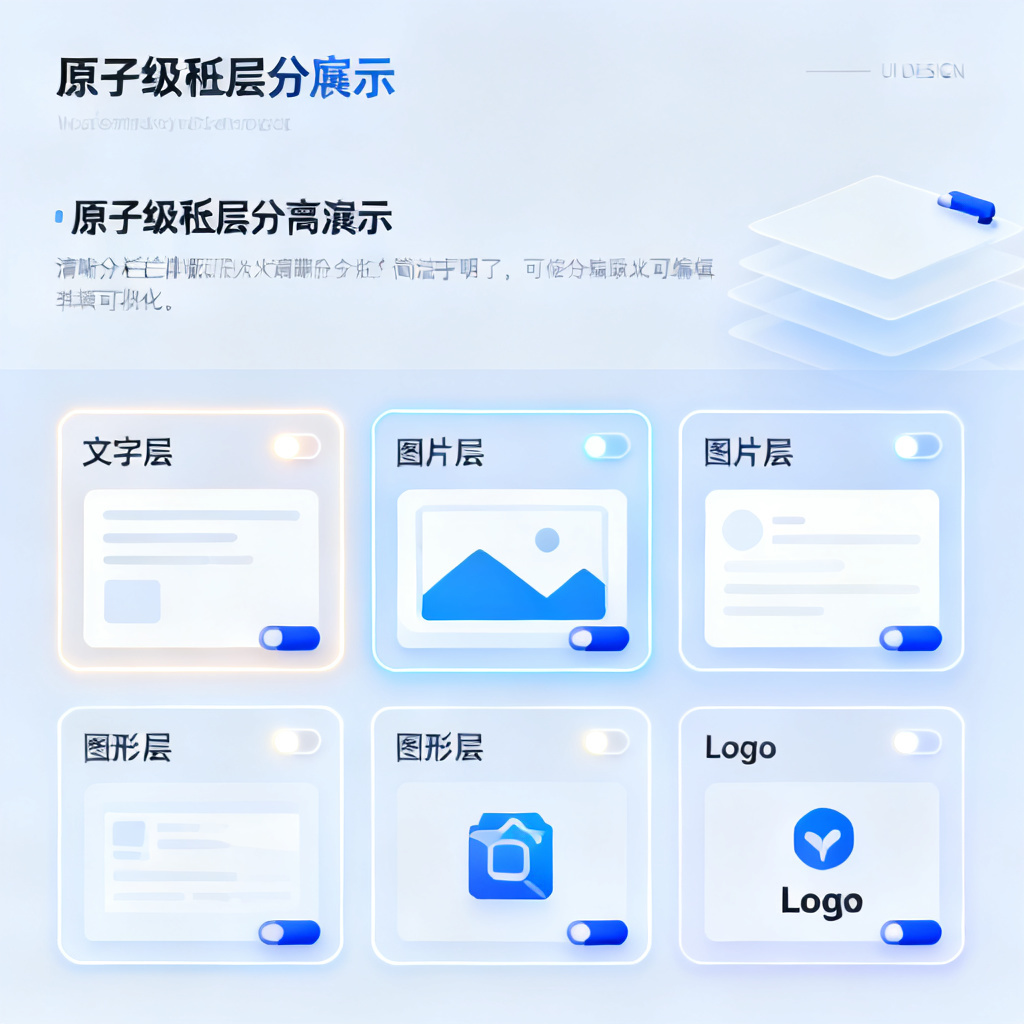 原子级图层分离演示，展示文字、图片、图形、Logo各自独立的可编辑状态，每个图层带有高亮边框和操作手柄