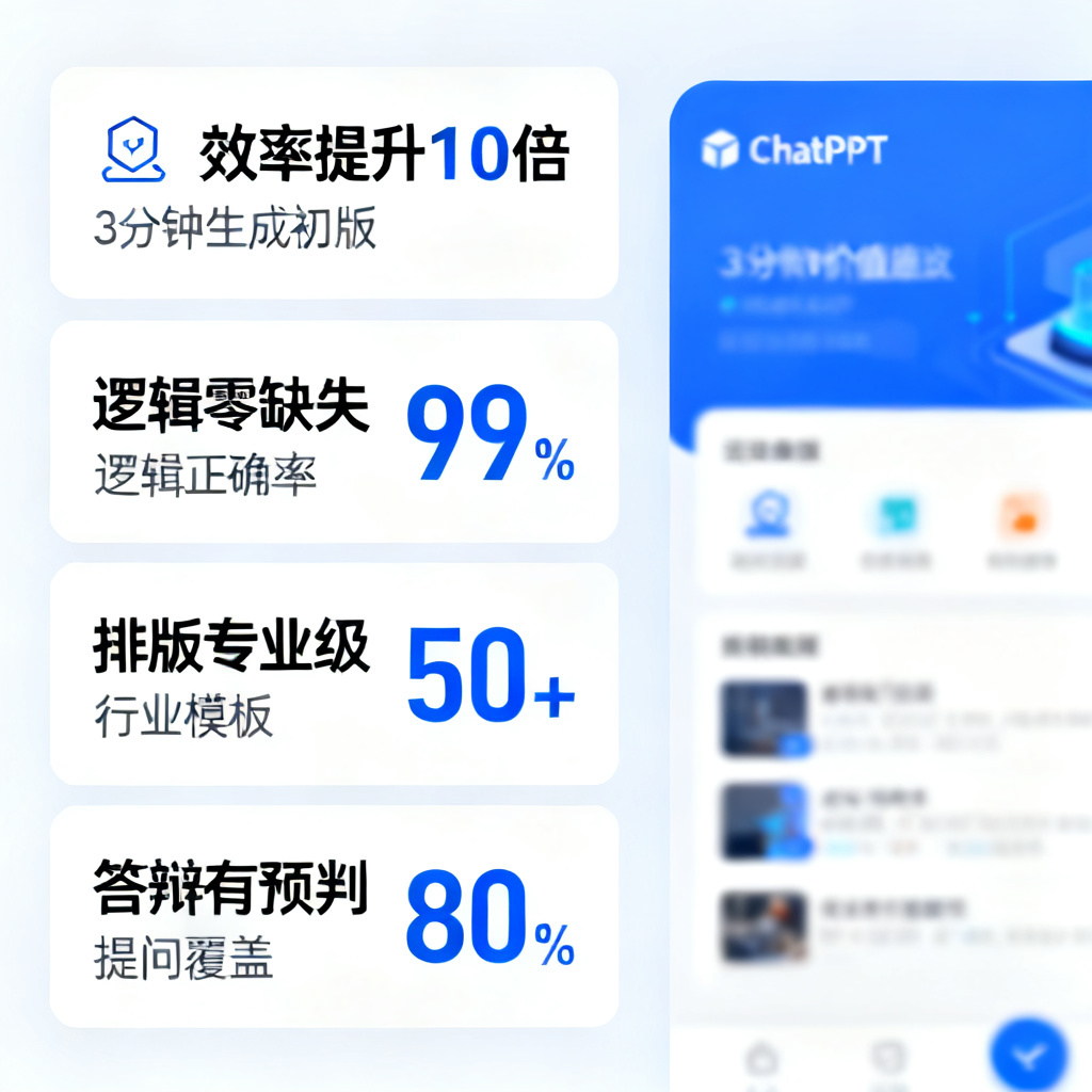 一张信息图，左侧列出“效率提升10倍”、“逻辑零缺失”、“排版专业级”、“答辩有预判”四个核心价值点，每个点配有图标和数据（如“3分钟生成初版”），右侧是ChatPPT的产品界面截图（模糊处理）。