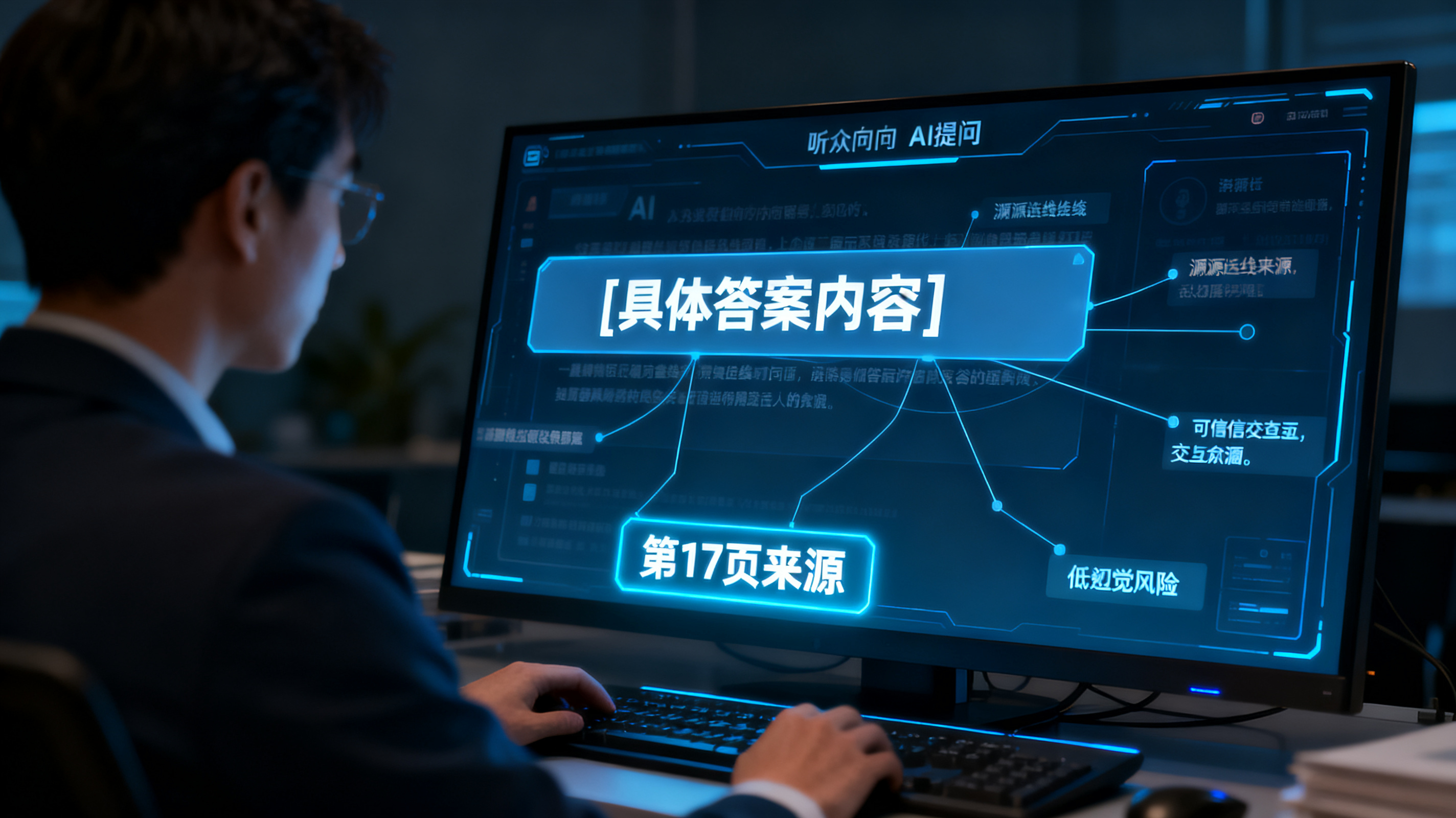 听众向AI提问，答案浮现在屏幕上并高亮标注第17页来源，界面显示溯源连线，体现可信交互与低幻觉风险