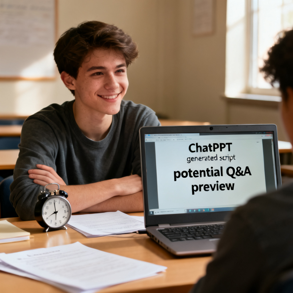 A student practicing a thesis defense in front of a laptop, with ChatPPT's generated script and potential Q&A preview visible on screen. The student looks confident, with notes and a timer on the desk, symbolizing preparedness and reduced anxiety.