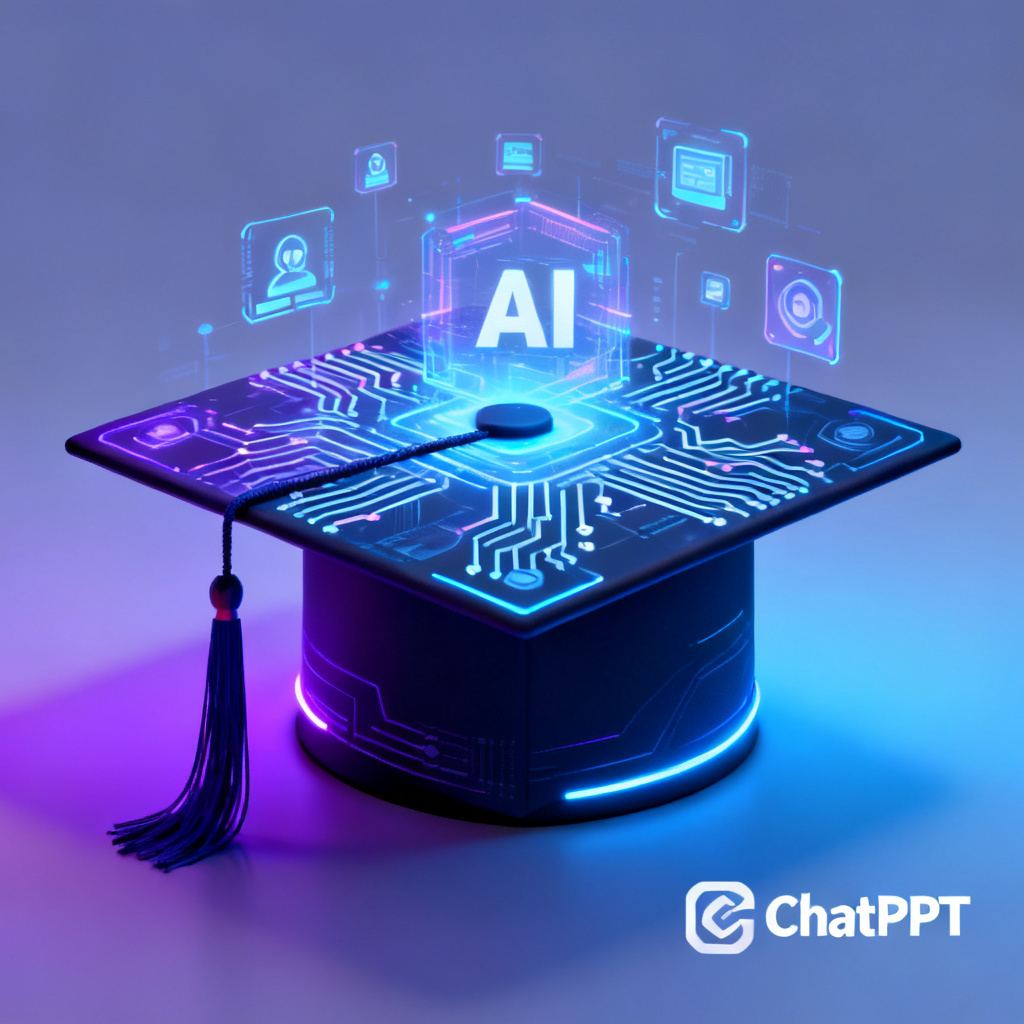 A stylized image of a graduation cap merged with a digital AI interface, symbolizing the integration of AI and academic achievement, with the ChatPPT logo subtly integrated.