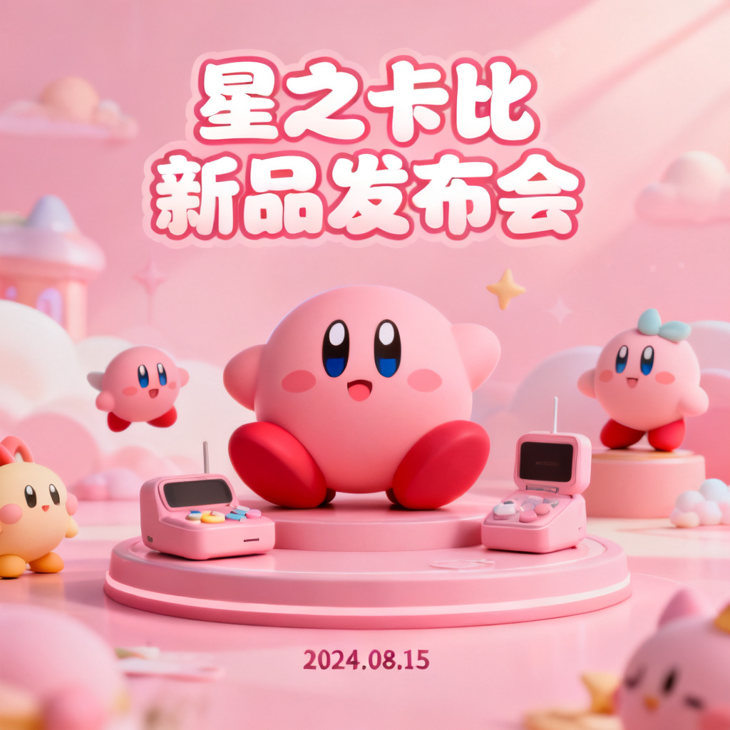 星之卡比风格产品发布会幻灯片，粉色主色调，柔和光影，可爱卡通元素，中心展示产品