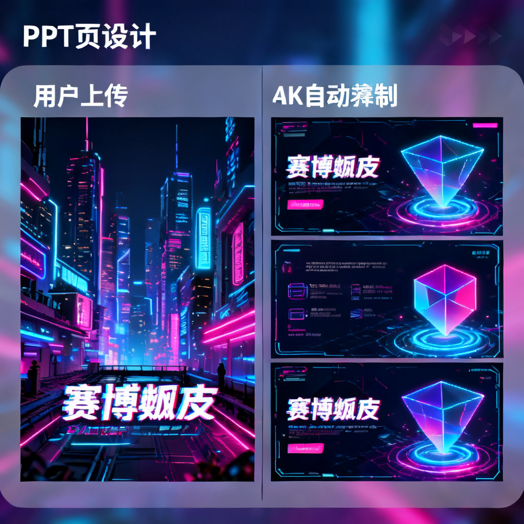 一张PPT页面，左侧是用户上传的赛博朋克城市海报，右侧AI自动解析并生成了同风格的PPT模板，包含霓虹配色、全息投影元素和几何字体，4K分辨率