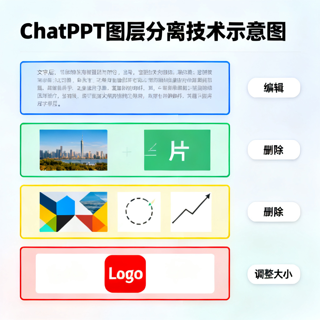 展示ChatPPT图层分离技术的示意图，页面中的文字、图片、图形和Logo被不同颜色边框高亮，显示为独立的可编辑图层，每个图层右侧有“编辑”、“删除”、“调整大小”等操作按钮。