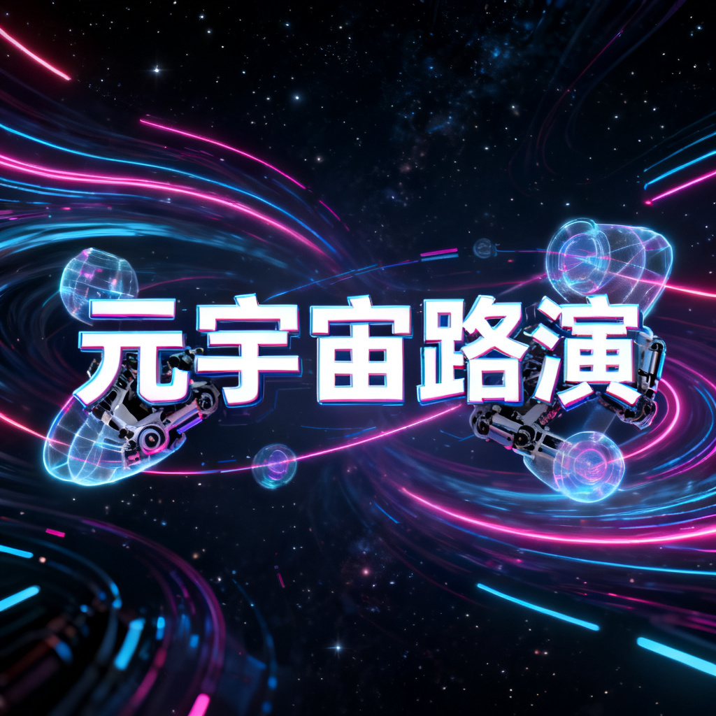 赛博朋克风格的元宇宙路演PPT封面，霓虹线条在深空背景下流动，机械字体与全息元素自然融合，充满未来感与科技张力