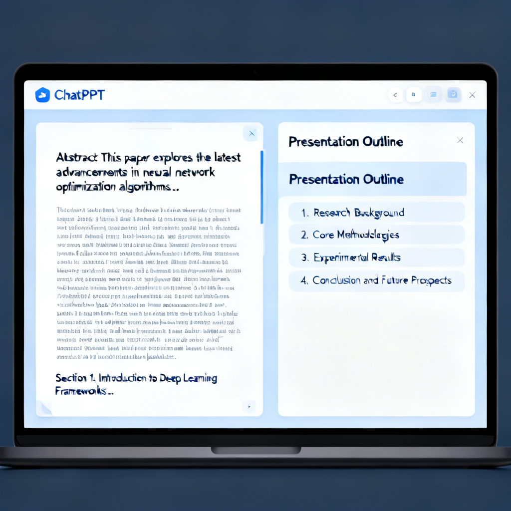 A screenshot showing ChatPPT interface with a long academic paper pasted, and the AI automatically generating a structured outline for a presentation.