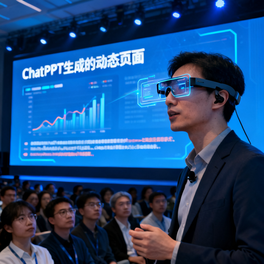 一位演讲者佩戴AI智能眼镜，眼前浮现虚拟提词器，背景是大型路演屏幕，屏幕上显示ChatPPT生成的动态页面，观众专注聆听，科技感蓝色调