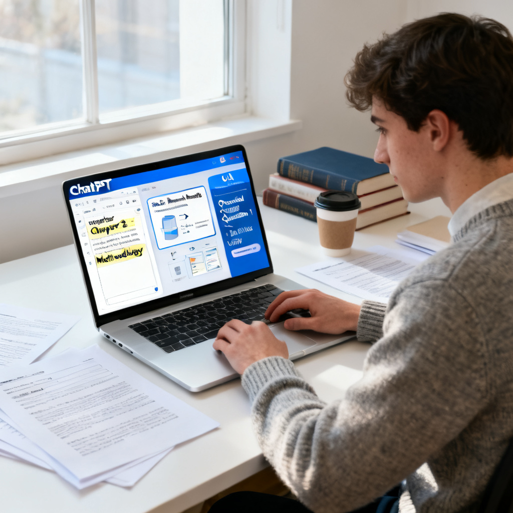 A panoramic view of a graduate student working on a thesis defense preparation. The student is using a laptop with ChatPPT open, showing the process from inputting the paper to generating the PPT, then to the Q&A support. The scene conveys efficiency and confidence.