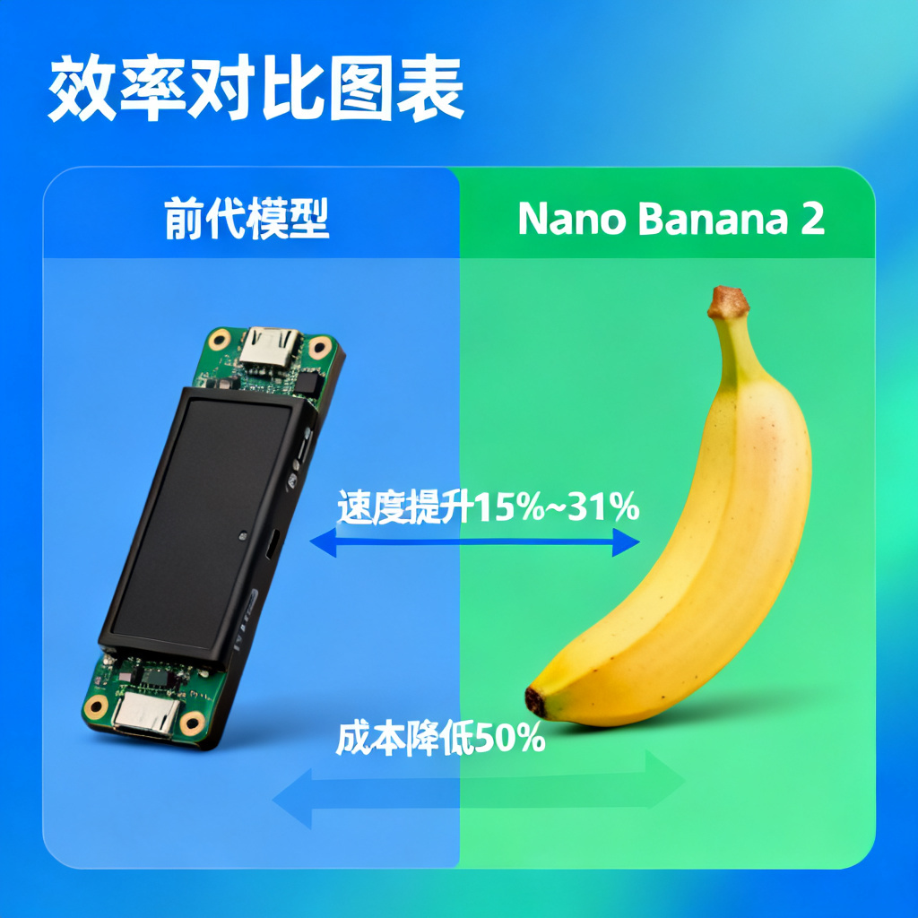 效率对比图表，左侧为前代模型，右侧为Nano Banana 2，显示速度提升15%~31%，成本降低50%