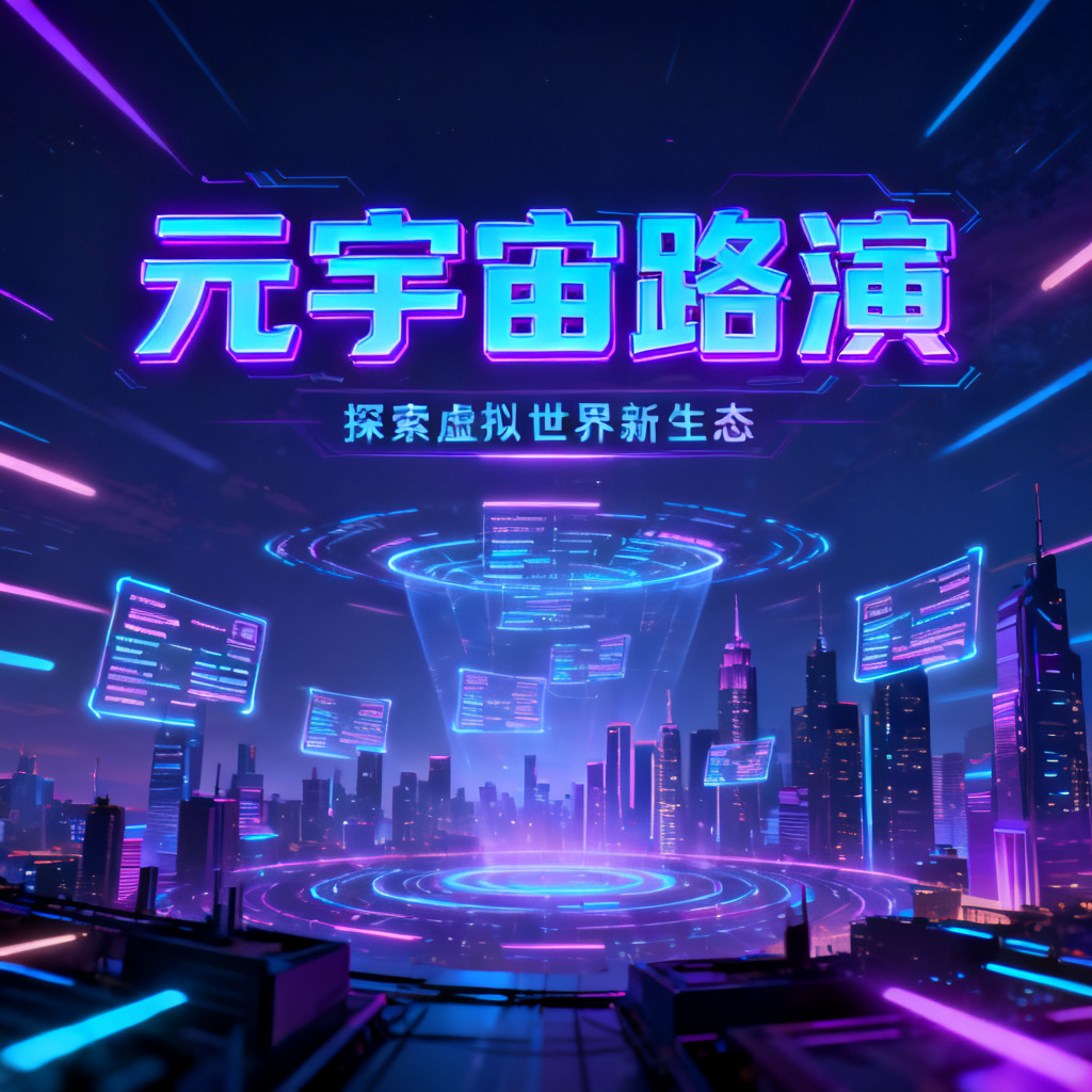 赛博朋克风格元宇宙路演PPT封面,霓虹蓝色与紫色调,城市天际线,全息投影数据流,未来感字体