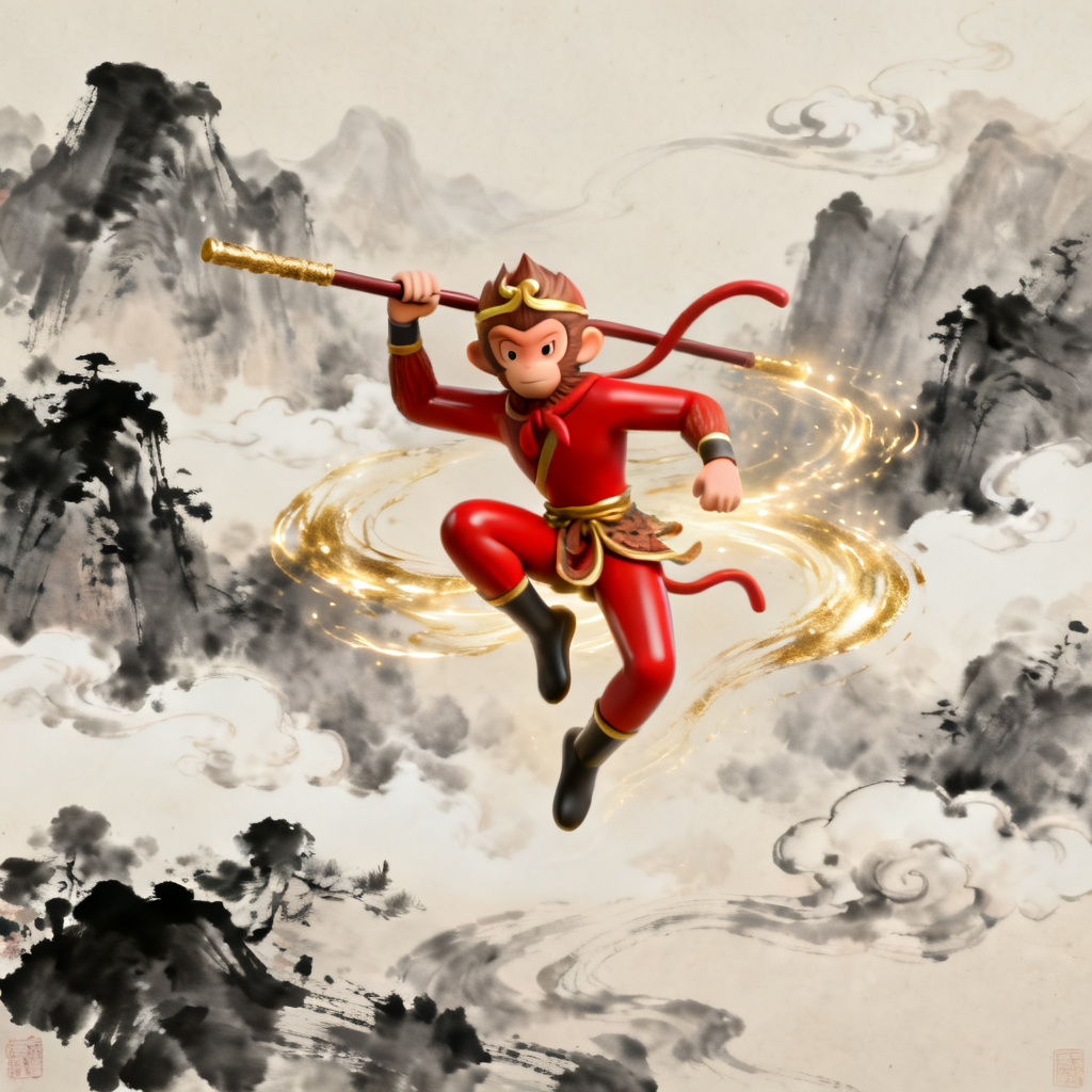 3D西游记风格幻灯片,孙悟空形象,水墨背景,动态效果