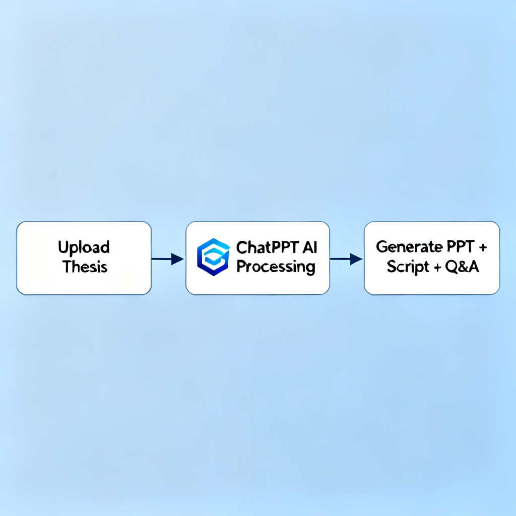 A flowchart showing the process: 'Upload Thesis' -> 'ChatPPT AI Processing' -> 'Generate PPT + Script + Q&A'. The ChatPPT logo is at the center.