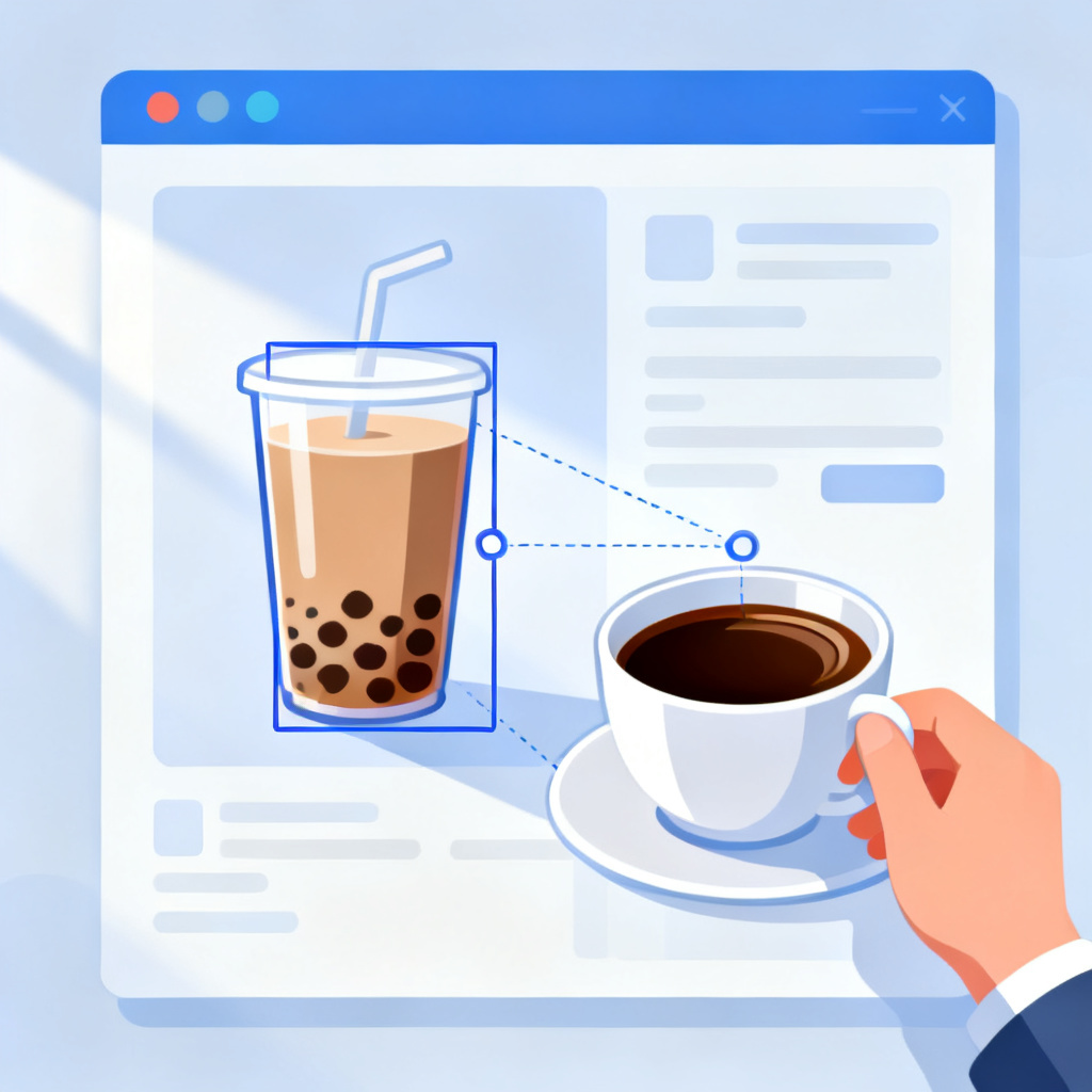 Magic涂画操作示意，用户框选页面中的奶茶区域，AI将其替换为咖啡，光影与背景完美融合