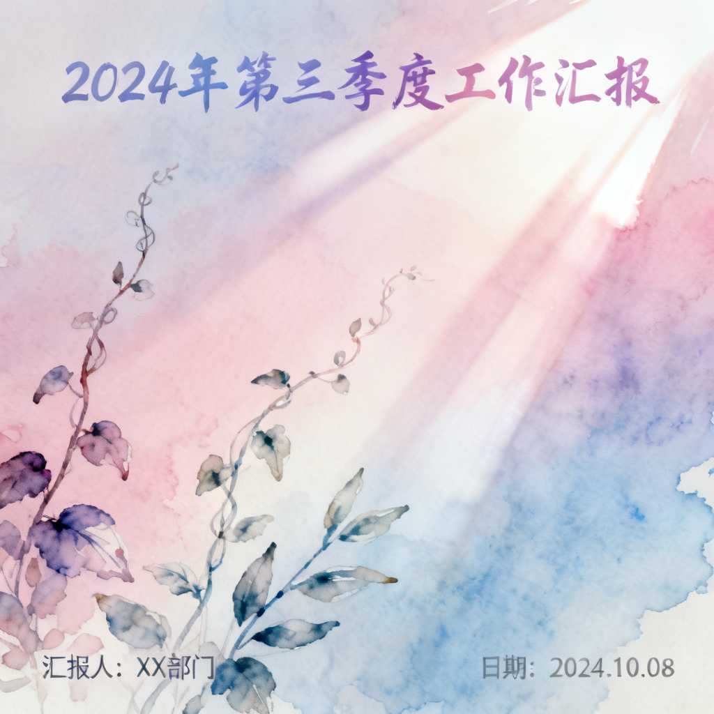 梦幻水彩风格季度汇报，柔和渐变，手绘植物，自然光效，艺术感