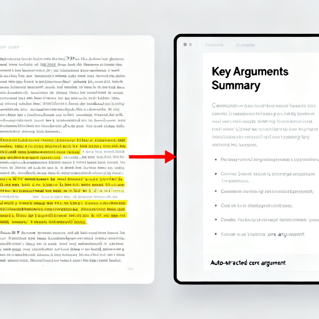 A screenshot showing the interface of an AI tool processing a long PDF document. The left panel shows the original text with highlighted key sentences; the right panel shows a generated slide with structured bullet points and a clear title. A red arrow points from the highlighted text to the slide, indicating “Auto-extracted core argument”.