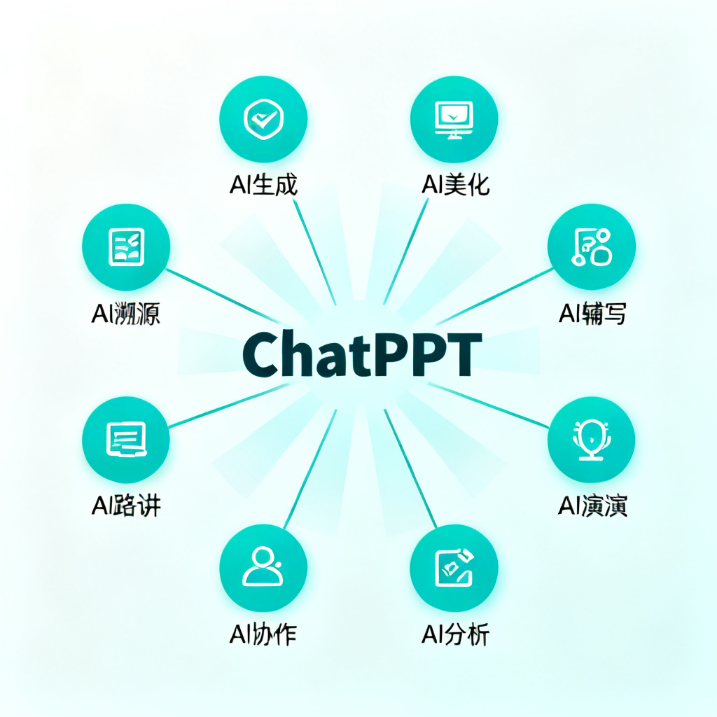 一张信息图，展示ChatPPT的8大核心模块（AI生成、AI美化、AI辅写、AI溯源、AI演讲、AI路演等），以放射状结构排列，中心为“ChatPPT”。