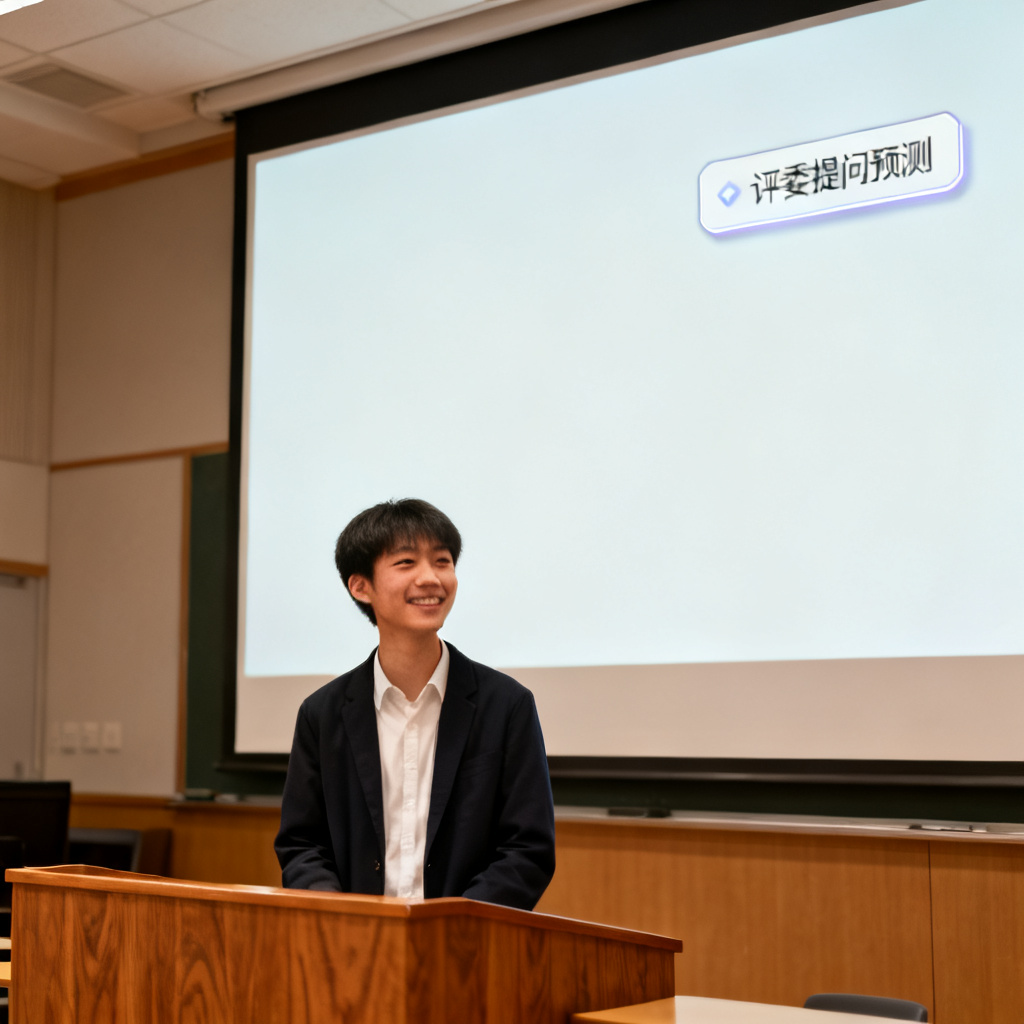 一个学生站在答辩讲台前，面前是投影屏幕，屏幕一角显示'评委提问预测'的悬浮框，学生表情自信，背景是学术报告厅。