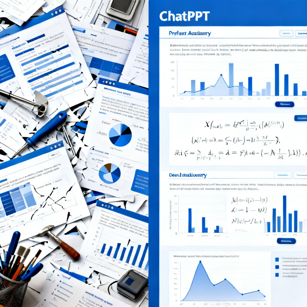 A side-by-side comparison of two PPT slides: left side shows a chaotic, misaligned layout with missing formulas and broken charts (representing generic tools), right side shows a clean, academic-style slide with well-aligned charts, LaTeX formulas, and proper data labels (representing ChatPPT). The style is professional, with blue and white tones.