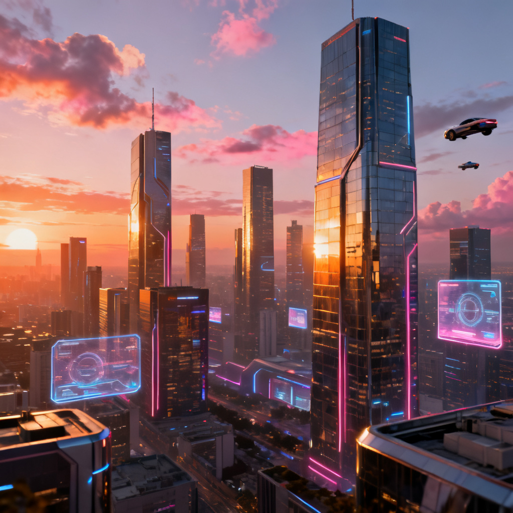 A high-resolution, photorealistic image of a futuristic cityscape at sunset, generated by AI, with detailed reflections and lighting, suitable for a business presentation.