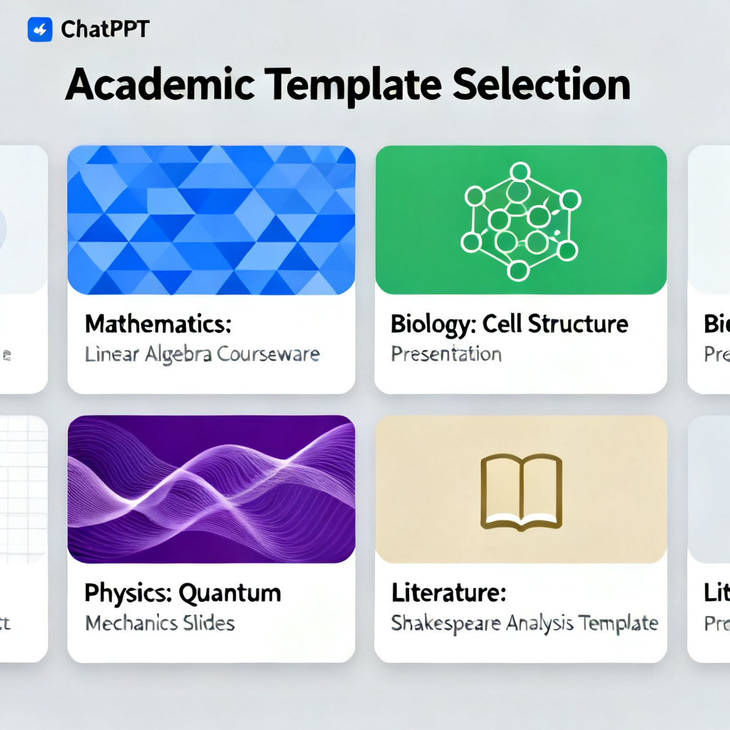 A screenshot of the ChatPPT template selection interface, showing multiple academic-themed templates for different disciplines.